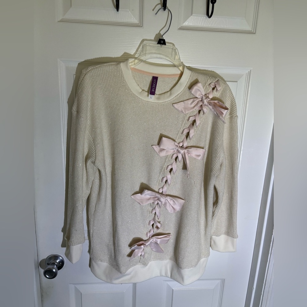 Adore Me Shimmer Coquette Ballet Cream Knit Sweater Pink Ribbons Bows Women’s M